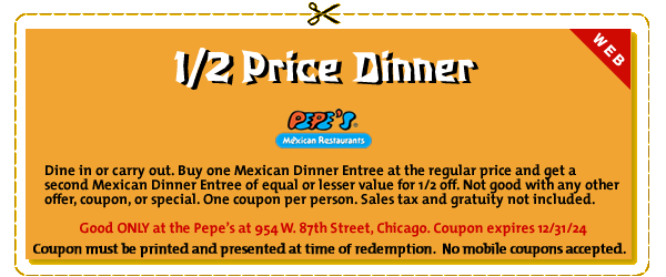 1/2 Price Dinner