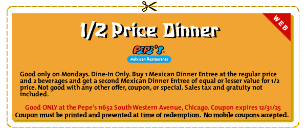 1/2 Price Dinner